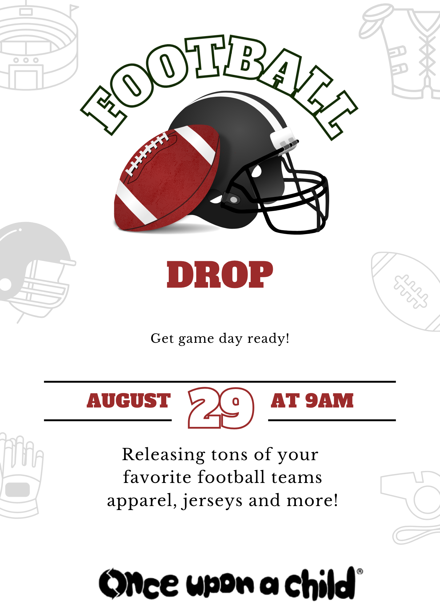 THE FOOTBALL DROP IS COMING! Get your kids game-day ready with tons of apparel from their favorite football teams! We’ll have jerseys, jackets, T-shirts and so much more—all at prices you’ll love! Saturday, August 29 ⏰ Doors open at 9 AM Once Upon a Child Modesto Come early for the best selection—these fan favorites will go fast! ️